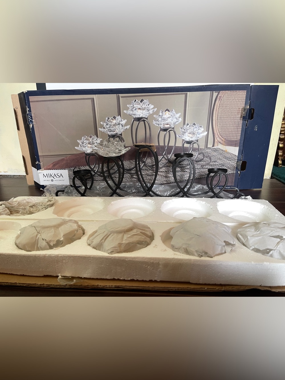 Mikasa clear lotus loop tea light candelabra crystal and wrought iron.